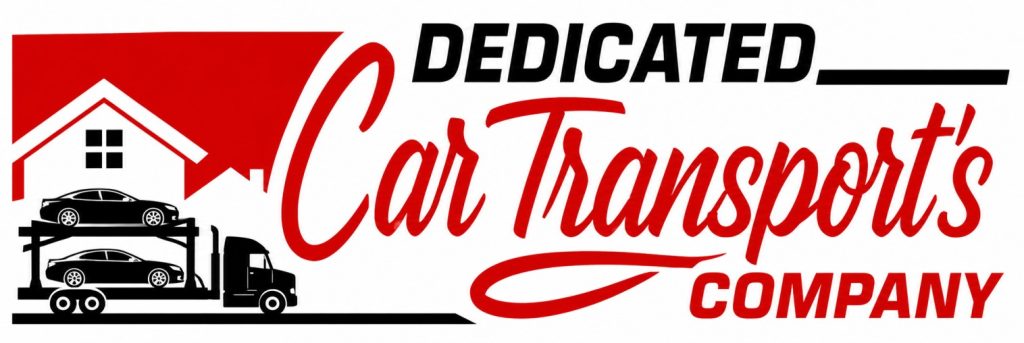 Logo with a red house, cars on a transport truck, and the text “Dedicated Car Transports Company” in red and black. Perfect for showcasing reliable Car Transport Concord, NC or professional Auto Transport Concord, NC services.