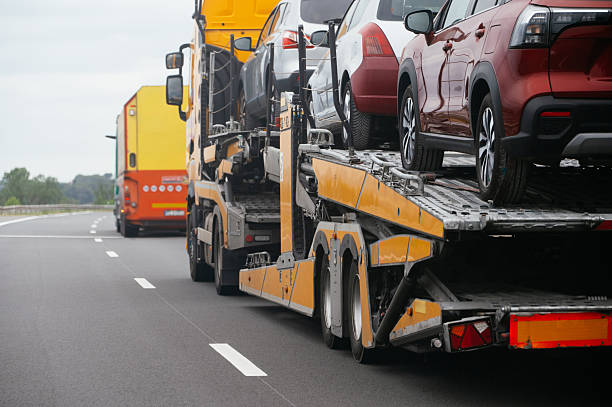 A car carrier truck, part of an NC Car Shipping Concord service, transports several vehicles on a highway, following a yellow truck. The road has multiple lanes and grassy areas are visible along the sides.