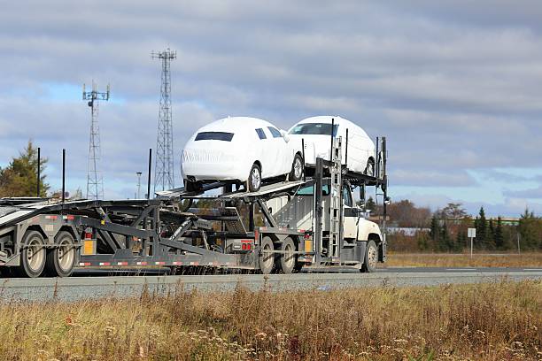 A NC Auto Transport Concord car carrier truck transports two white, rounded vehicles on an open highway, with fields, trees, and utility towers visible in the background under a cloudy sky.